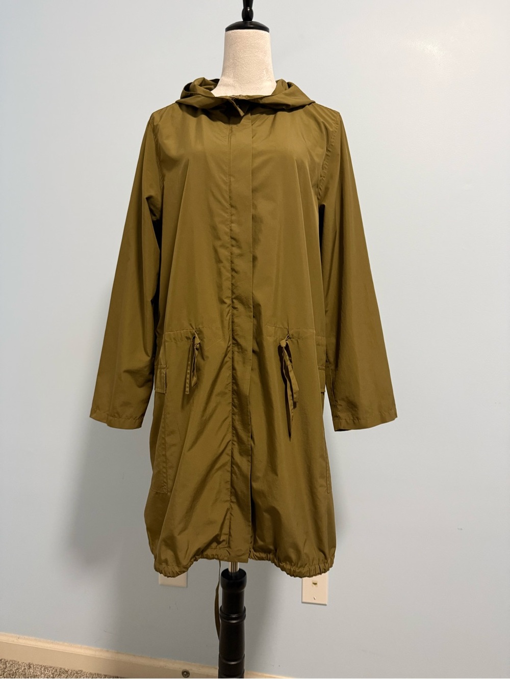 Eileen Fisher Olive Green Full Zip Hooded Wind Breaker Rain Trench Coat Jacket L